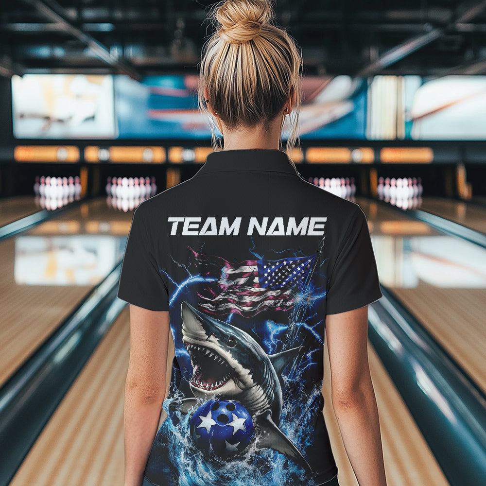 Custom Blue Lightning Patriotic Shark Bowling Team Women Polo Shirts, US Flag Bowling Shirt IPHW8942