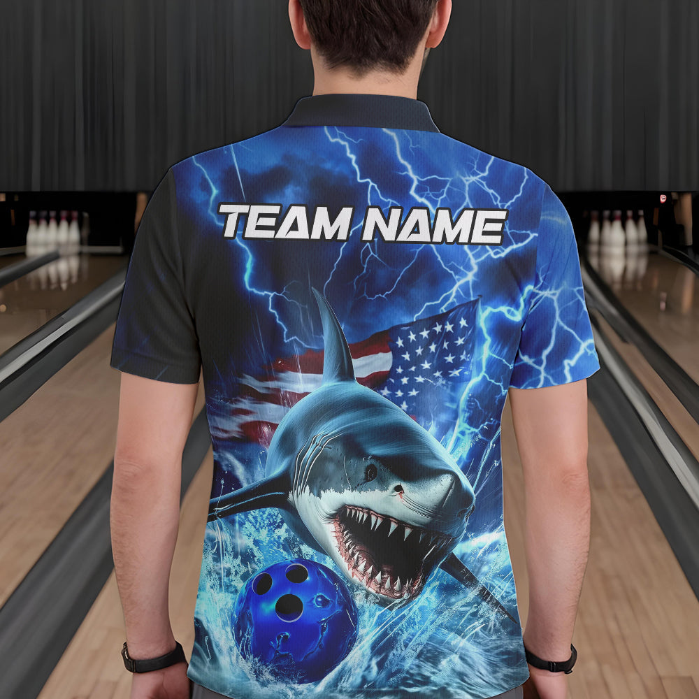 Custom Blue Lightning Patriotic Shark Bowling Team Men Polo Shirts, US Flag Bowling Shirt IPHW8943