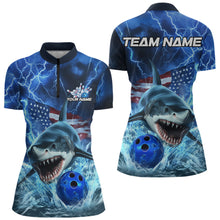 Load image into Gallery viewer, Custom Blue Lightning Patriotic Shark Bowling Women Quarter-Zip Shirt US Flag Bowling Shirt IPHW8943