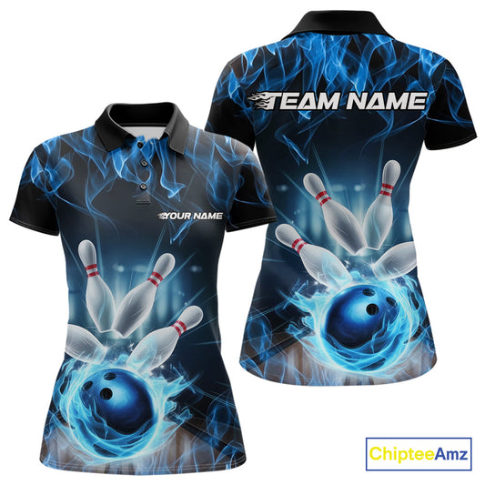 Custom Black And Blue Flame Bowling Team Polo Shirts For Women, Fire Bowling League Shirt IPHW9386