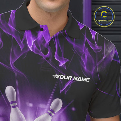 Custom Black And Purple Flame Bowling Team Polo Shirts For Men, Fire Bowling League Shirt IPHW9387