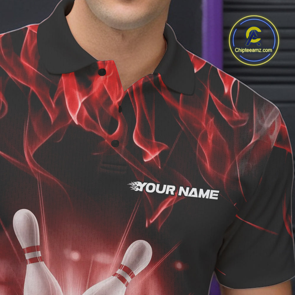 Custom Black And Red Flame Bowling Team Polo Shirts For Men, Fire Bowling League Shirt IPHW9388