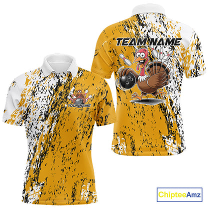 Custom Funny Yellow Thanksgiving Turkey Bowling Men Polo Shirts, Turkey Bowling Jerseys IPHW9766
