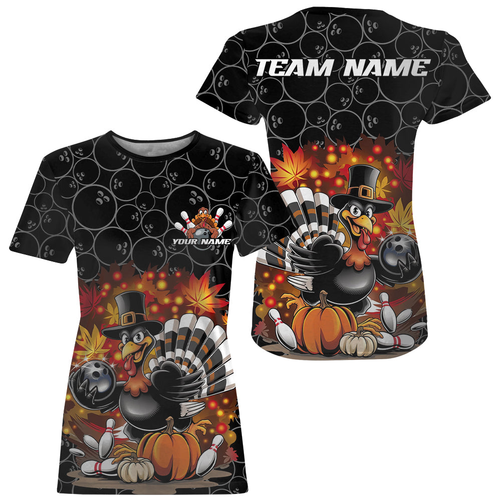 Custom Funny Thanksgiving Turkey Bowling Women T-Shirts, Autumn Bowling IPHW9771