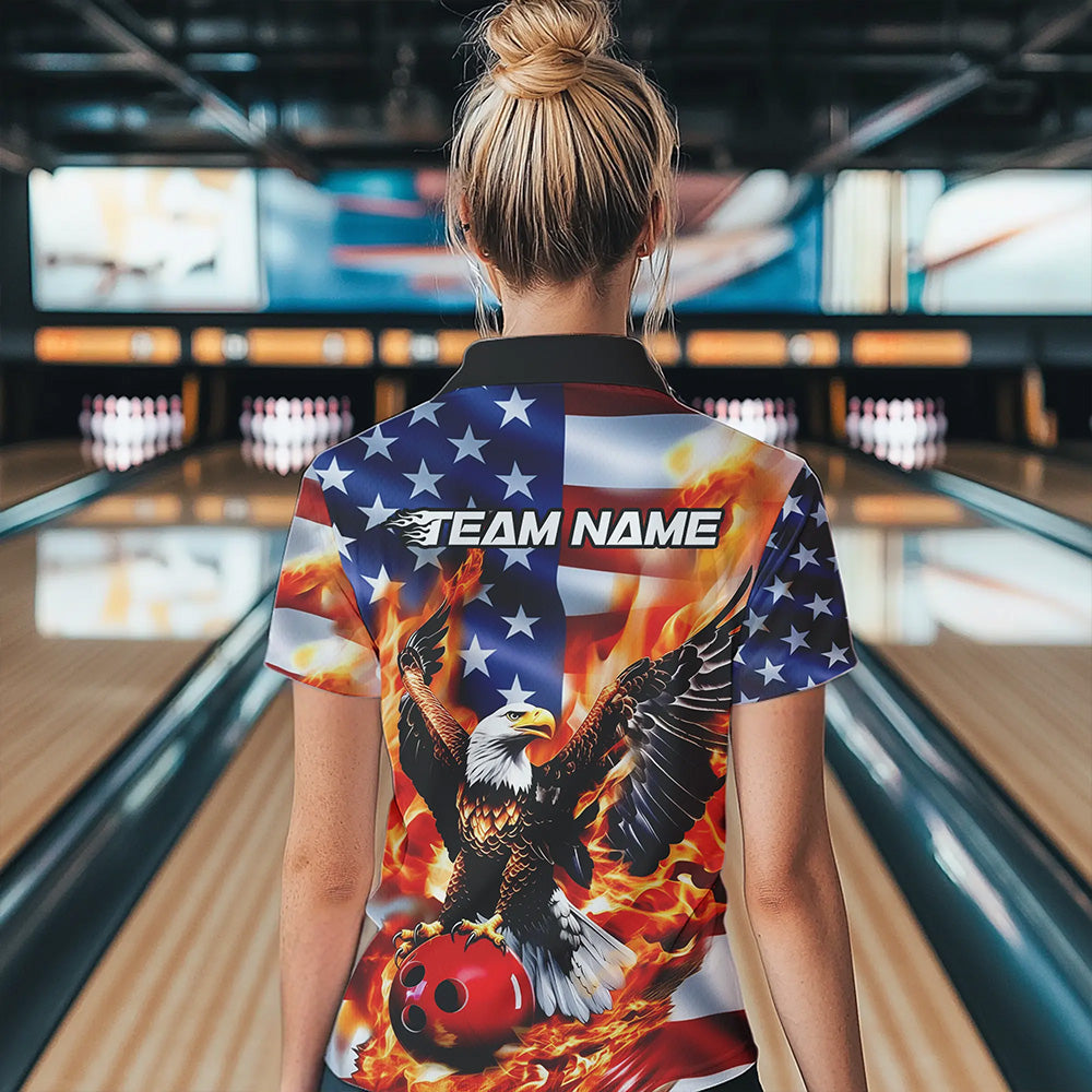 Custom USA Eagle Bowling Polo Shirts For Women, Patriotic Bowling League Shirt IPHW8451