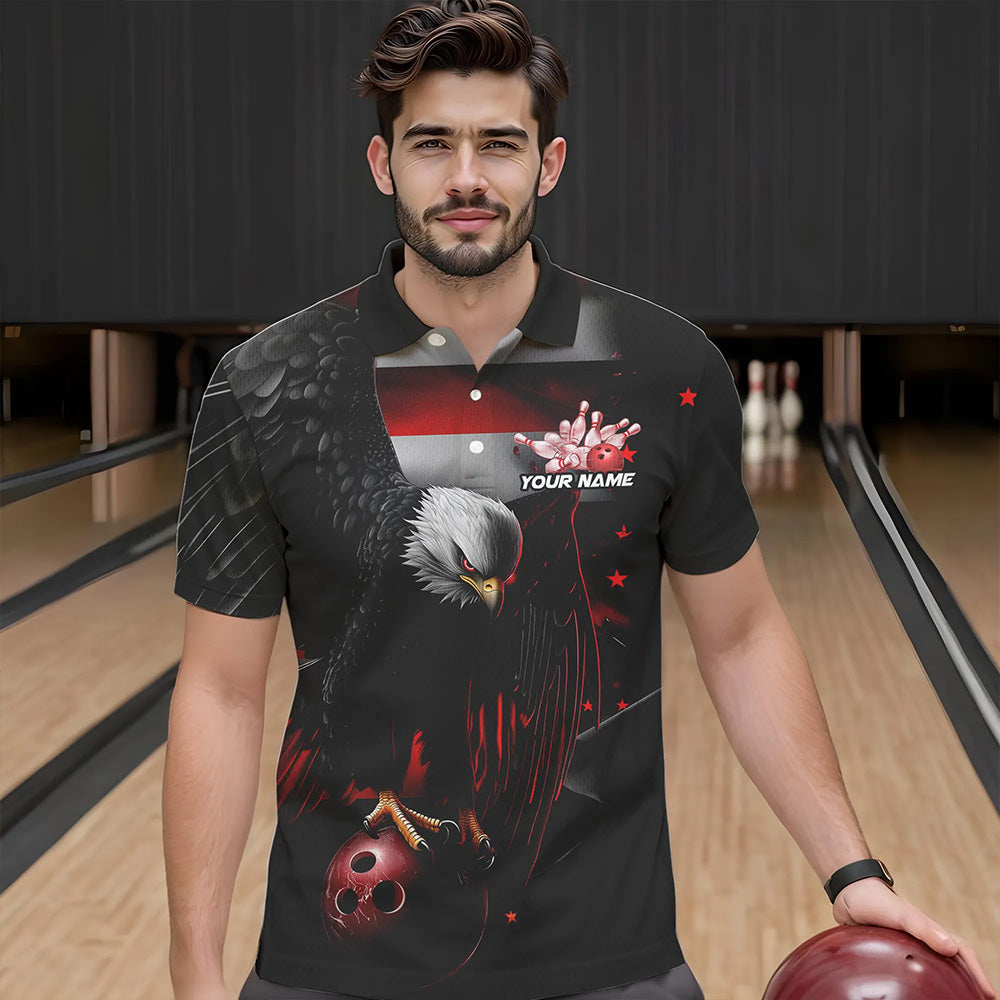 Custom Black And Red US Flag Eagle Bowling Polo Shirts For Men, Patriotic Bowling League Shirt IPHW8453