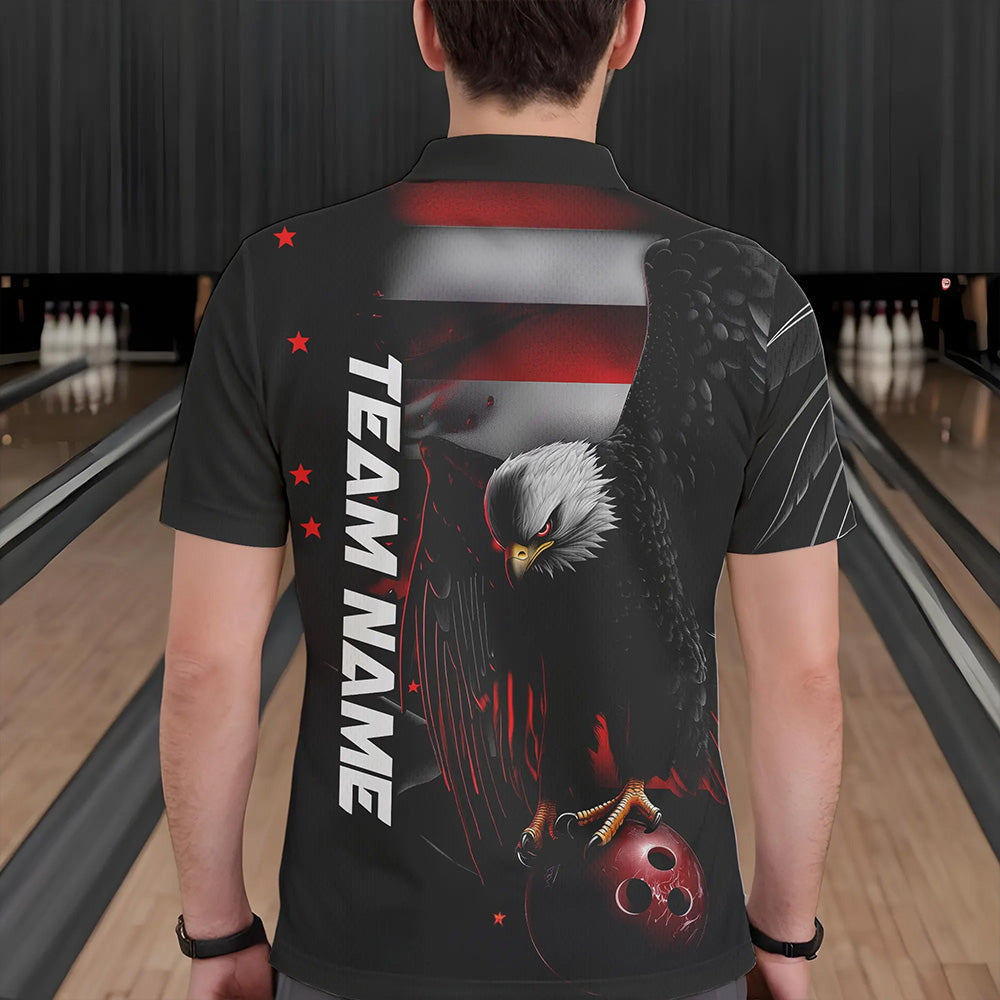 Custom Black And Red US Flag Eagle Bowling Polo Shirts For Men, Patriotic Bowling League Shirt IPHW8453
