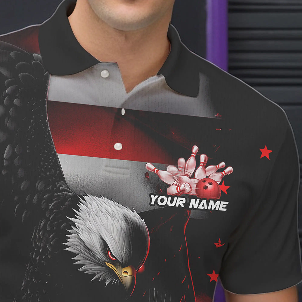 Custom Black And Red US Flag Eagle Bowling Polo Shirts For Men, Patriotic Bowling League Shirt IPHW8453