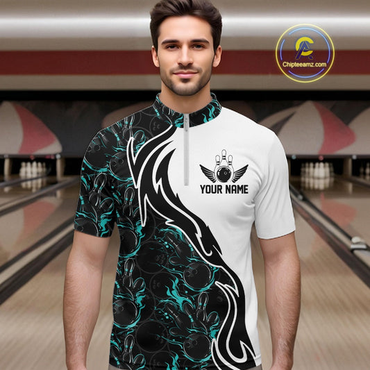 Custom Black And Turquoise Blue Flame Bowling Team Shirts, Men Bowling League Shirt IPHW10544