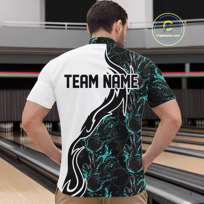 Custom Black And Turquoise Blue Flame Bowling Team Shirts, Men Bowling League Shirt IPHW10544