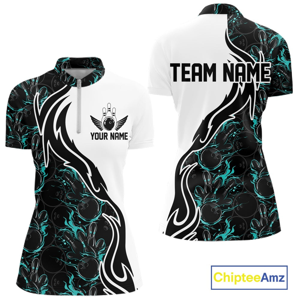 Custom Black And Turquoise Blue Flame Bowling Team Shirts, Women Bowling League Shirt IPHW10544