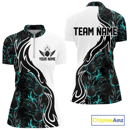 Custom Black And Turquoise Blue Flame Bowling Team Shirts, Women Bowling League Shirt IPHW10544