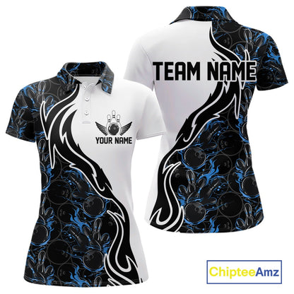 Custom Black And Blue Flame Bowling Team Shirts, Bowling League Shirt Women Bowling Jersey IPHW10545