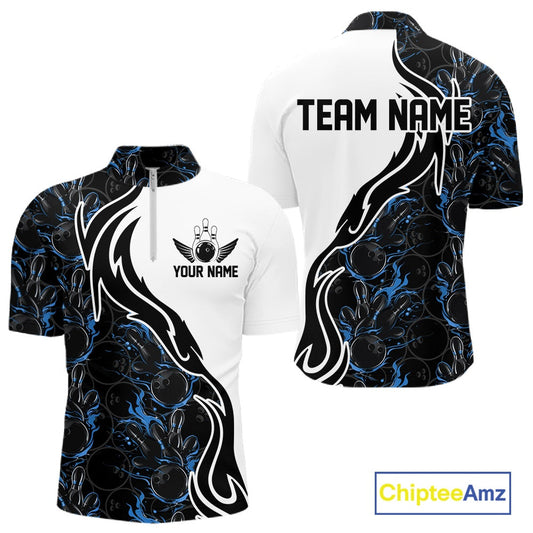 Custom Black And Blue Flame Bowling Team Shirts, Bowling League Shirt Men Bowling Jersey IPHW10545