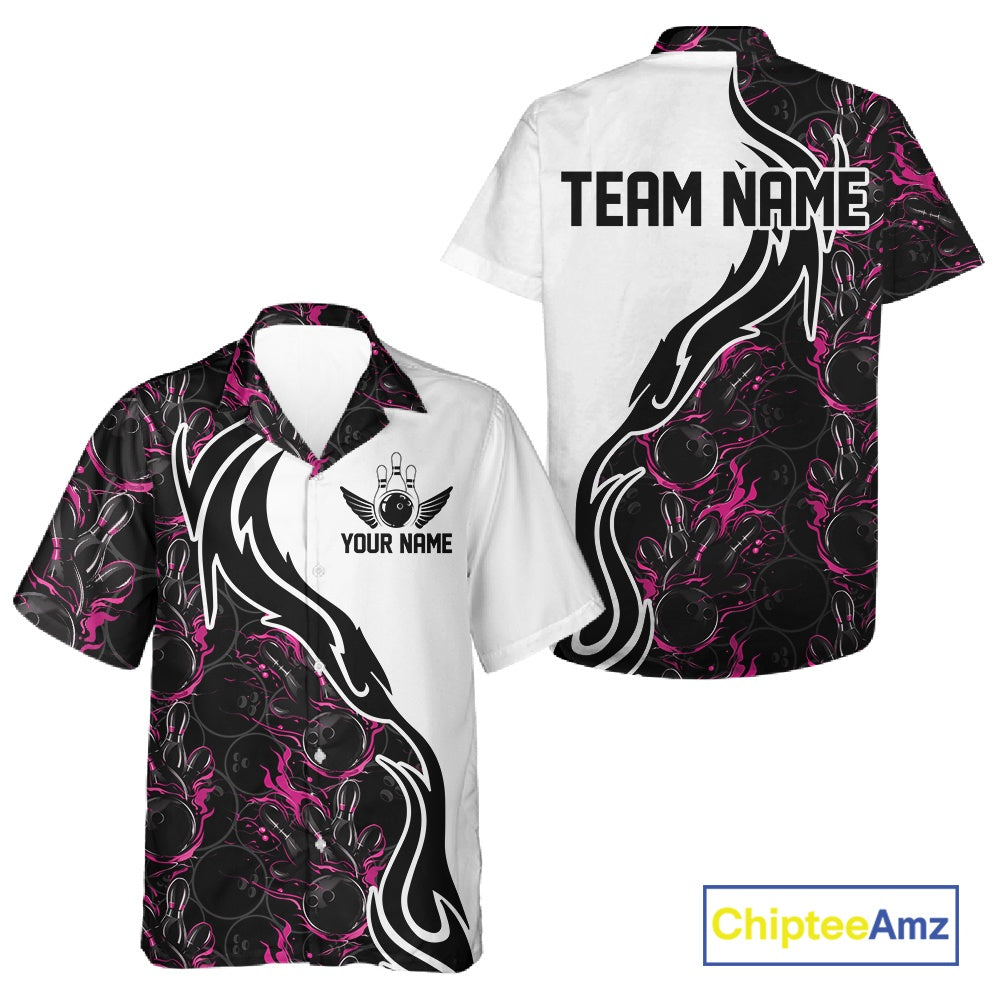 Custom Black And Pink Flame Bowling Team Shirts, Bowling League Shirt Men And Women Bowling Jersey IPHW10546