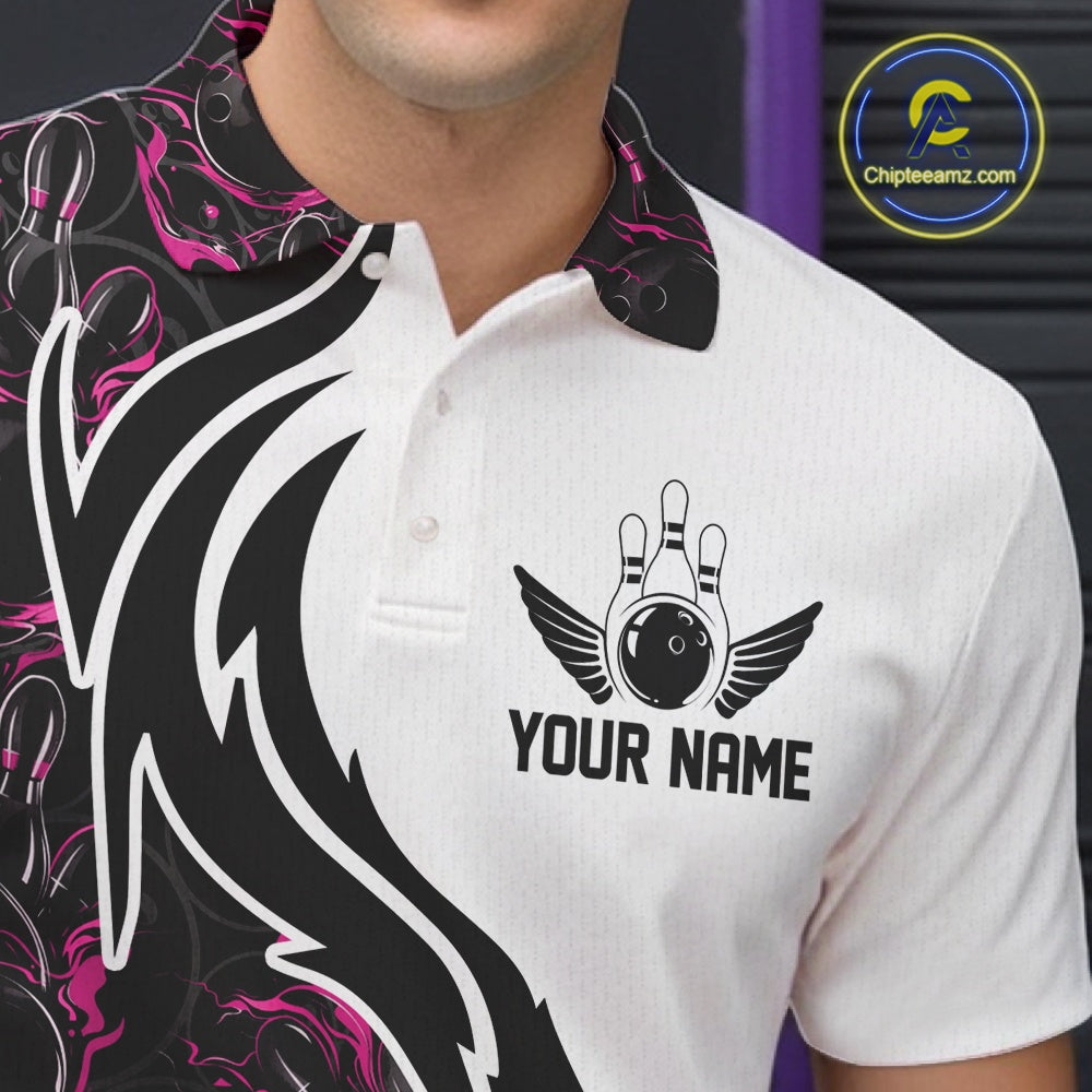 Custom Black And Pink Flame Bowling Team Shirts, Bowling League Shirt Men Bowling Jersey IPHW10546