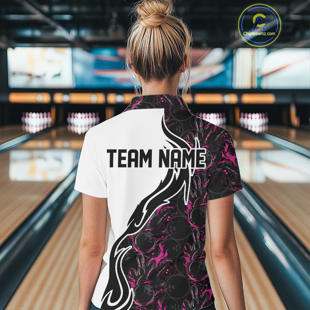Custom Black And Pink Flame Bowling Team Shirts, Bowling League Shirt Women Jersey IPHW10546