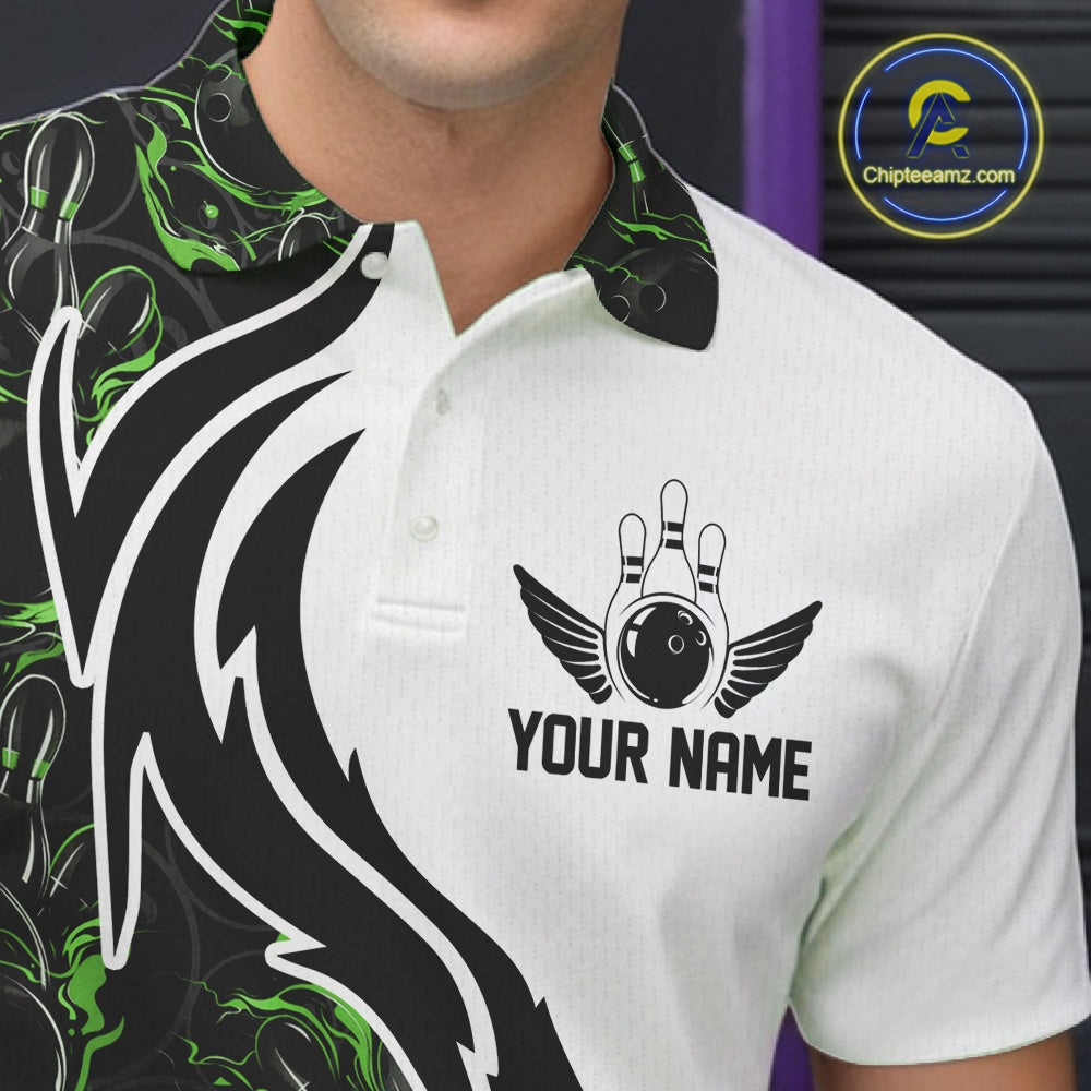 Custom Black And Green Flame Bowling Team Shirts, Bowling League Shirt Men Bowling Jersey IPHW10547
