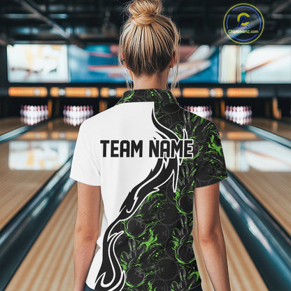 Custom Black And Green Flame Bowling Team Shirts, Bowling League Shirt Women Jersey IPHW10547