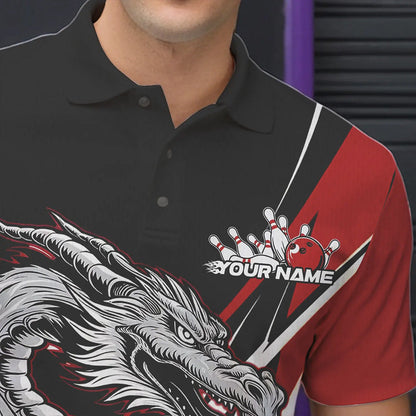 Custom Black And Red Flame Dragon Bowling Jerseys, Dragon Men Bowling Team Polo Shirts IPHW8710