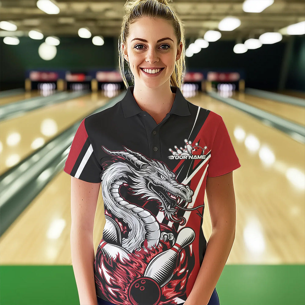 Custom Black And Red Flame Dragon Bowling Jerseys, Dragon Women Bowling Team Polo Shirts IPHW8710