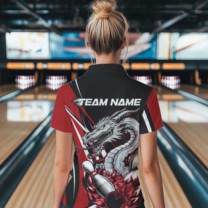 Custom Black And Red Flame Dragon Bowling Jerseys, Dragon Women Bowling Team Polo Shirts IPHW8710
