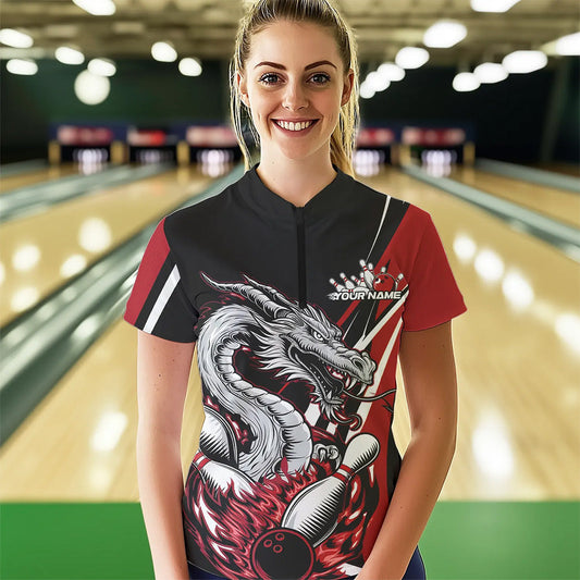 Custom Black And Red Flame Dragon Bowling Jerseys, Women Bowling Team Quarter-Zip Shirts IPHW8710