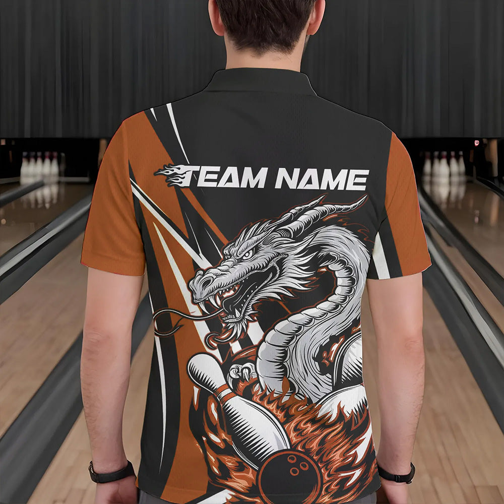 Custom Black And Orange Flame Dragon Bowling Jerseys, Dragon Men Bowling Team Polo Shirts IPHW8711