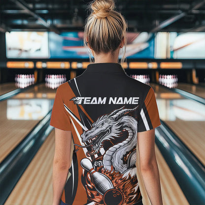 Custom Black And Orange Flame Dragon Bowling Jerseys, Dragon Women Bowling Team Polo Shirts IPHW8711