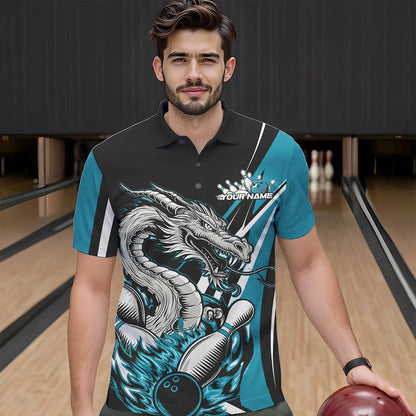 Custom Black And Blue Flame Dragon Bowling Jerseys, Dragon Men Bowling Team Polo Shirts IPHW8712