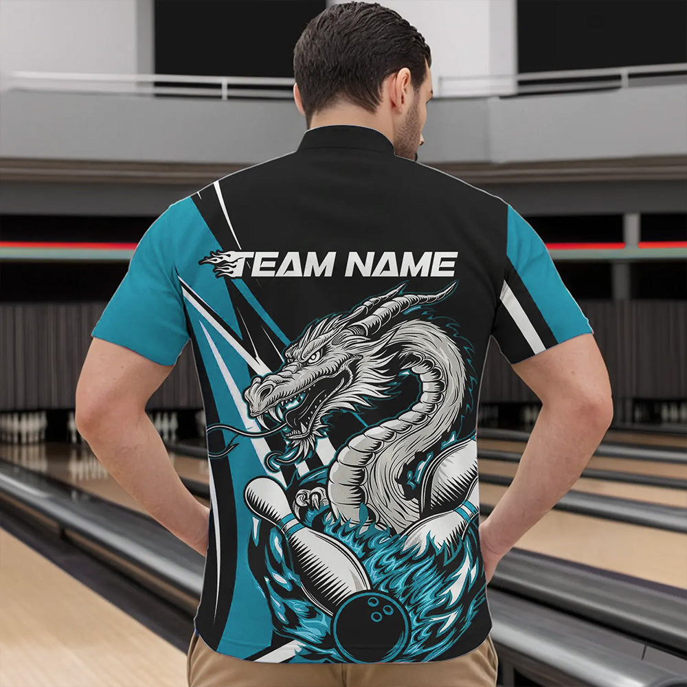 Custom Black And Blue Flame Dragon Bowling Jerseys, Dragon Men Bowling Team Quarter-Zip Shirts IPHW8712