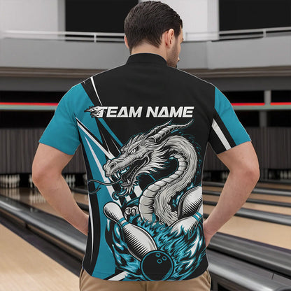 Custom Black And Blue Flame Dragon Bowling Jerseys, Dragon Men Bowling Team Quarter-Zip Shirts IPHW8712