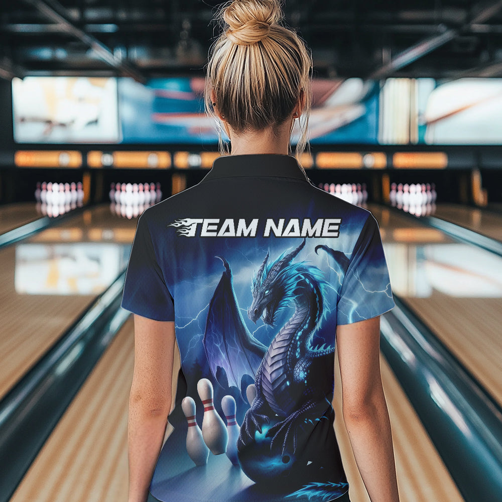 Custom Blue Thunder Lightning Dragon Bowling Polo Shirts For Women, Bowling Team Uniform IPHW8950