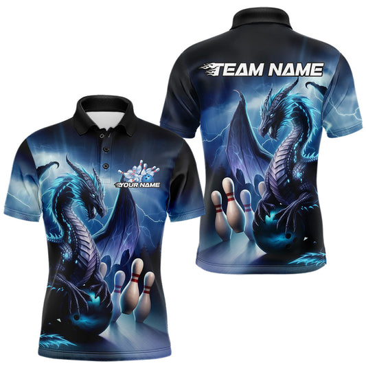Custom Blue Thunder Lightning Dragon Bowling Polo Shirts For Men, Bowling Team Uniform IPHW8950