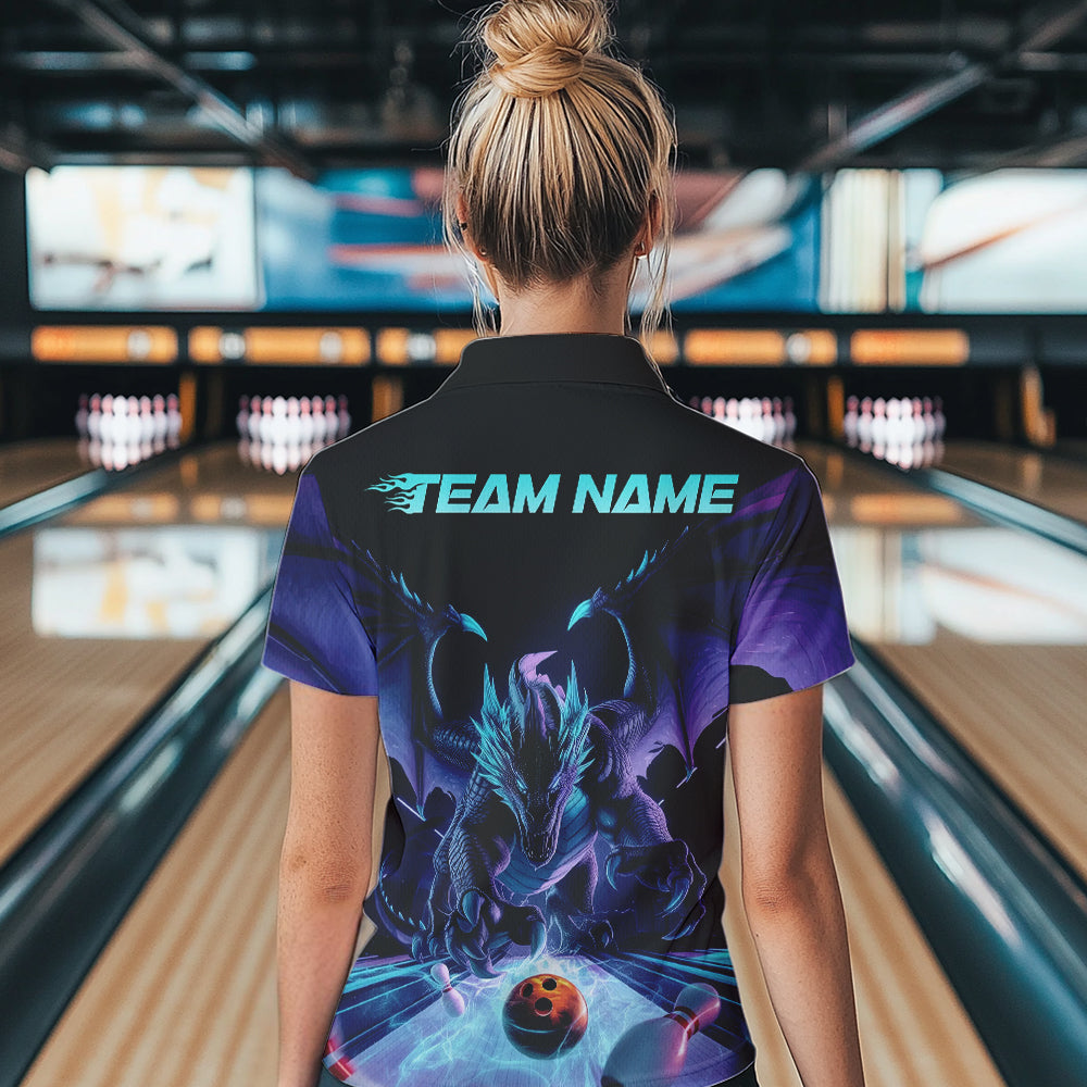 Custom Blue And Purple Dragon Bowling Jerseys, Dragon Bowling Team Polo Shirts For Women IPHW8954