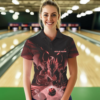 Custom Black And Red Dragon Bowling Jerseys, Dragon Bowling Team Polo Shirts For Women IPHW8955