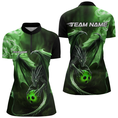 Custom Black And Green Flame Dragon Bowling Women Quarter-Zip Shirt, Dragon Bowler Jersey IPHW8965