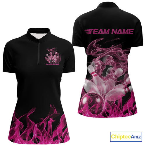Custom Pink Skull Smoke Bowling Team Women Quarter-Zip Shirts, Halloween Bowling Outfit IPHW9772