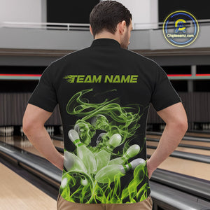 Custom Green Skull Smoke Bowling Team Men Quarter-Zip Shirts, Halloween Bowling Outfit IPHW9773