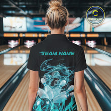 Load image into Gallery viewer, Custom Turquoise Blue Skull Smoke Bowling Team Women Polo Shirt, Halloween Bowling Outfit IPHW9774