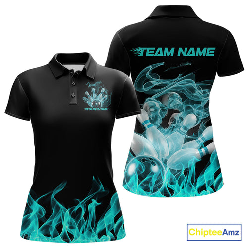Custom Turquoise Blue Skull Smoke Bowling Team Women Polo Shirt, Halloween Bowling Outfit IPHW9774
