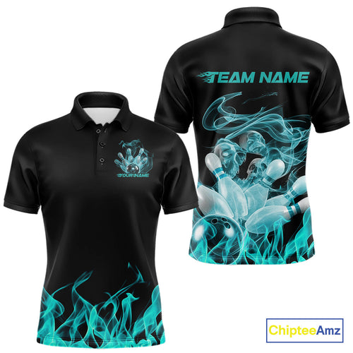Custom Turquoise Blue Skull Smoke Bowling Team Men Polo Shirts, Halloween Bowling Outfit IPHW9774