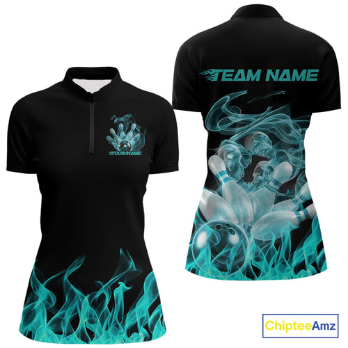 Custom Turquoise Blue Skull Smoke Bowling Women Quarter-Zip Shirts, Halloween Outfit IPHW9774
