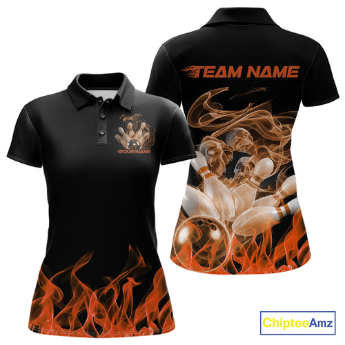 Custom Orange Skull Smoke Bowling Team Women Polo Shirts, Halloween Bowling Outfit IPHW9775