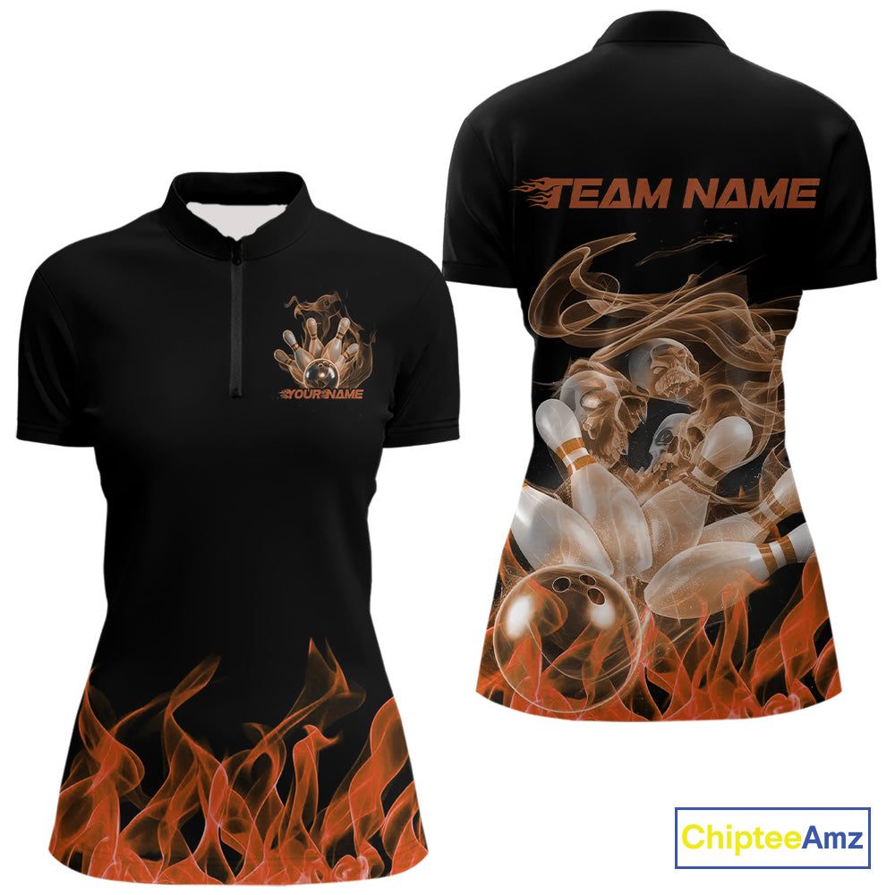 Custom Orange Skull Smoke Bowling Team Women Quarter-Zip Shirts, Halloween Bowling Outfit IPHW9775
