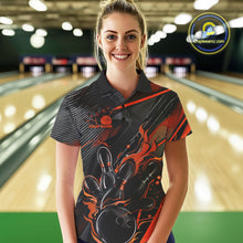 Load image into Gallery viewer, Custom Black And Orange Flame Bowling Team Women Polo Shirts, Fire Bowling Jerseys IPHW9780