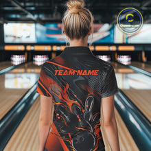 Load image into Gallery viewer, Custom Black And Orange Flame Bowling Team Women Polo Shirts, Fire Bowling Jerseys IPHW9780