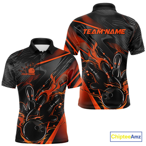 Custom Black And Orange Flame Bowling Team Men Polo Shirts, Fire Bowling Jerseys IPHW9780