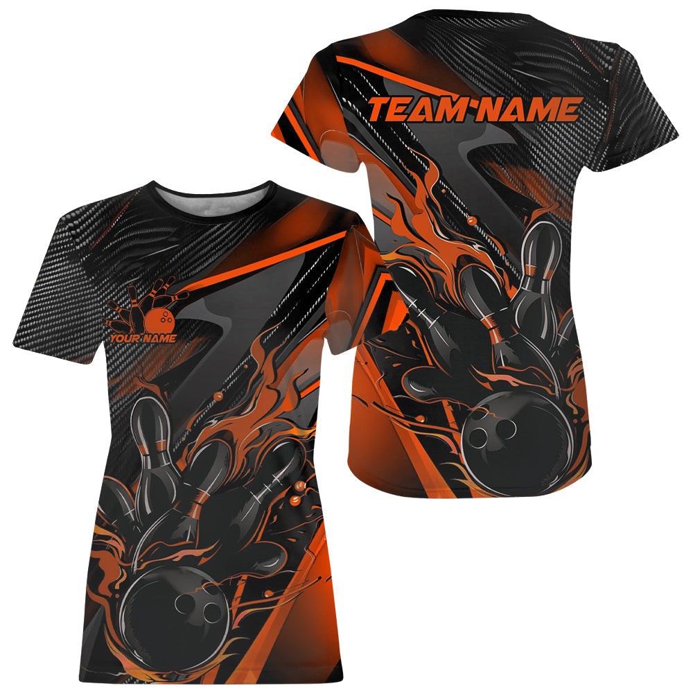 Custom Black And Orange Flame Bowling Team Women T-Shirts Shirts, Fire Bowling Jerseys IPHW9780