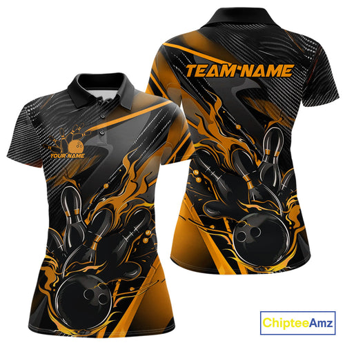 Custom Black And Yellow Flame Bowling Team Women Polo Shirts, Fire Bowling Jerseys IPHW9781